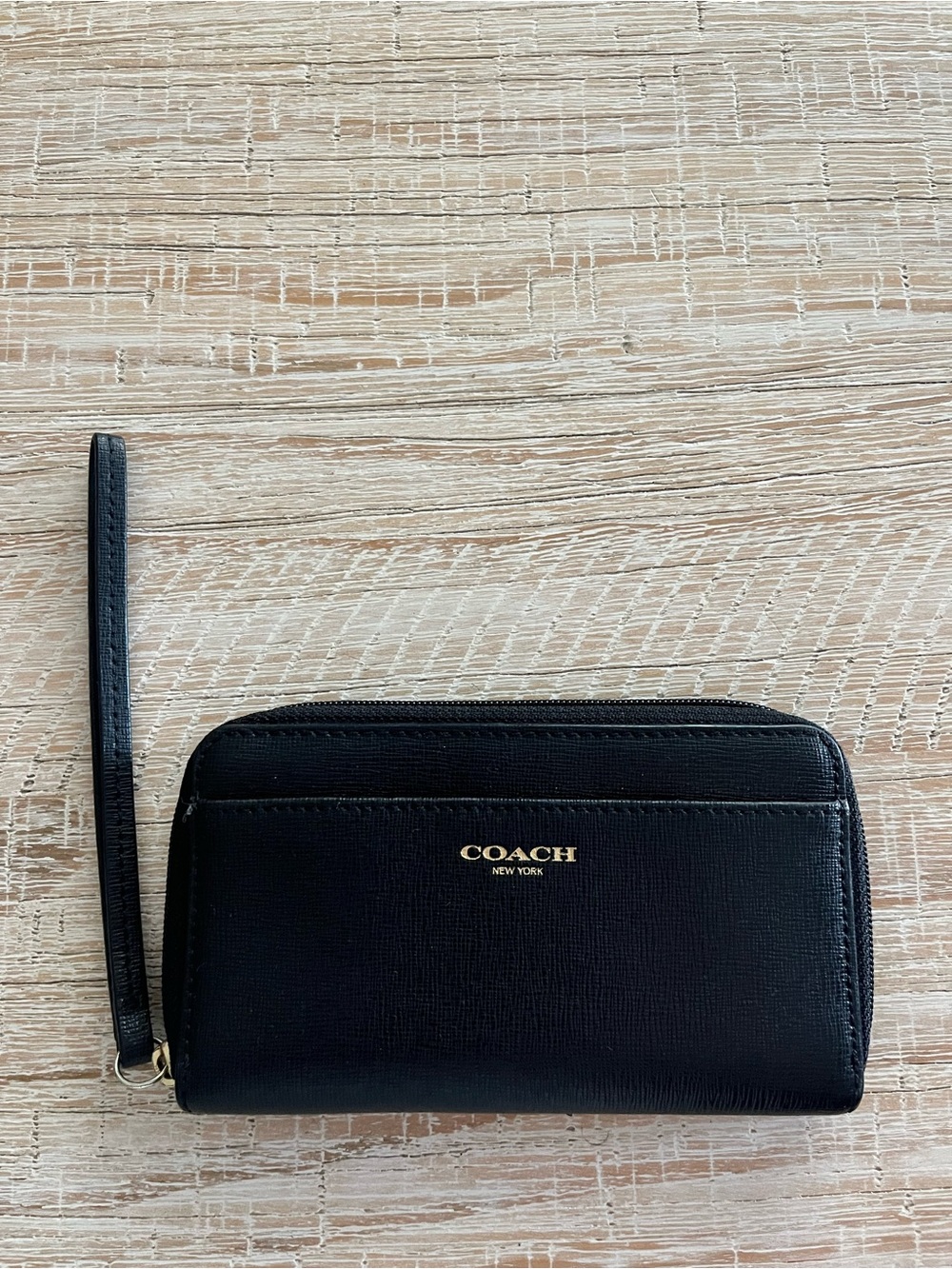 Coach Black Leather Zip Wristlet with Gold Logo